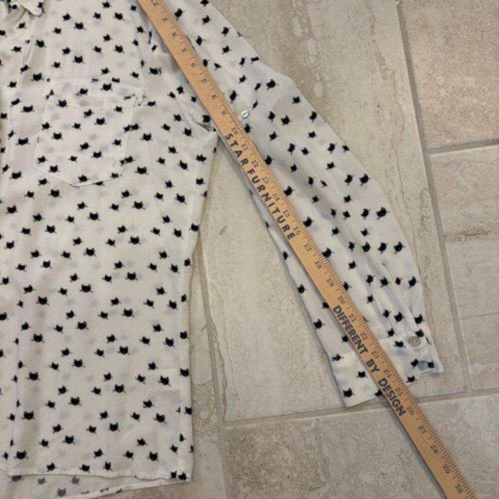 Just Living Black&White Cat Print Long Sleeve Roll Tab Blouse Large Novelty Boho - Picture 8 of 10
